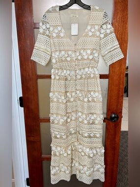 Just Me Beige Maxi Dress with White Floral Lace